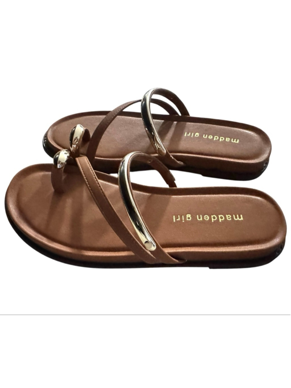 New Madden Girl Brown & Gold Flat Sandals Size 7, toe ring, straps - Picture 3 of 9
